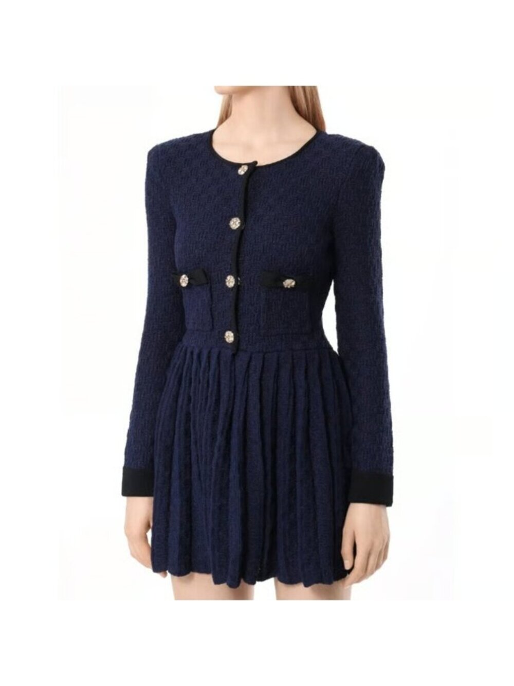 Self-Portrait | Navy weave knit tweed long sleeve pleated  mini dress | Sz L